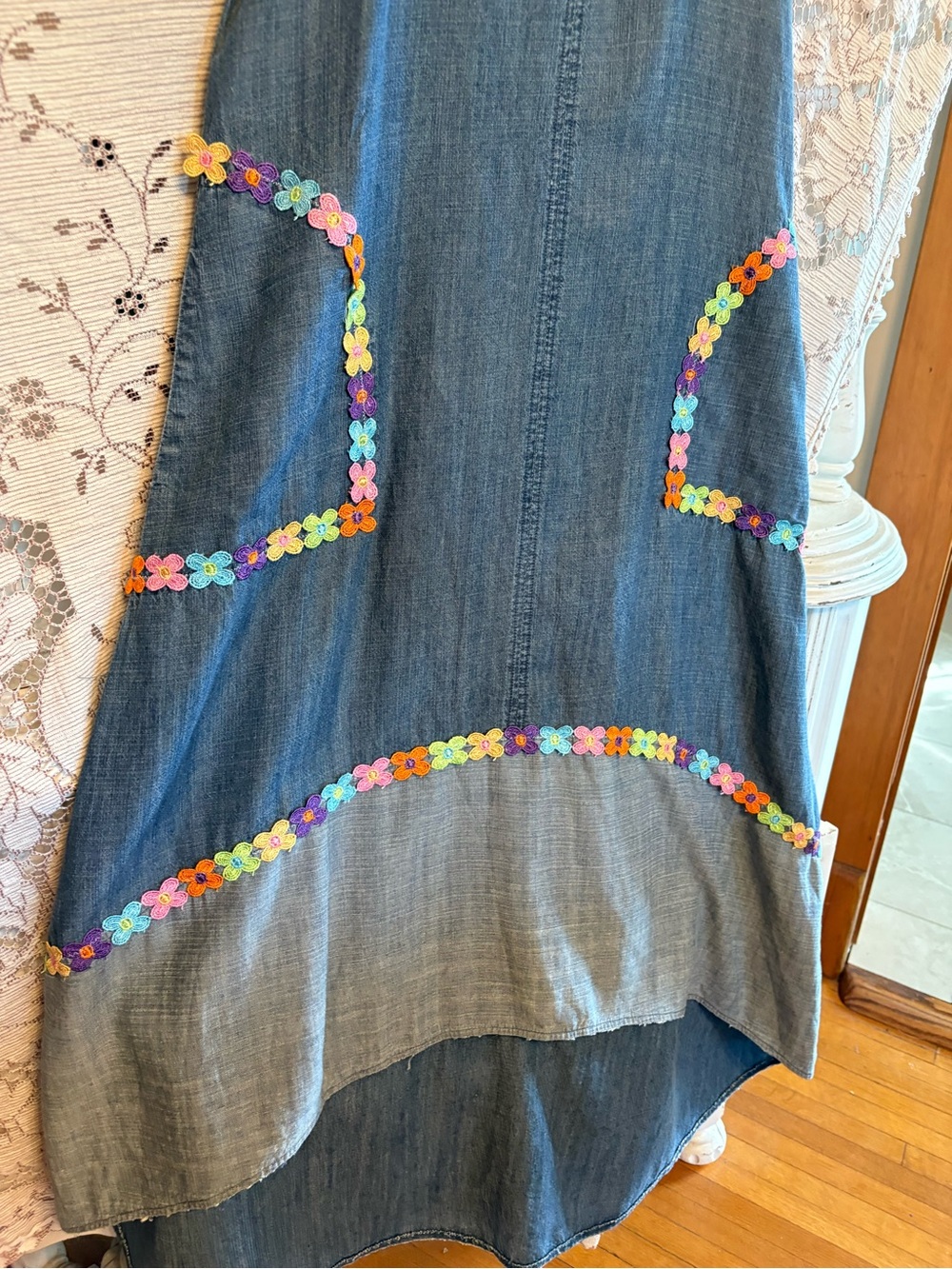up cycled high low denim dress